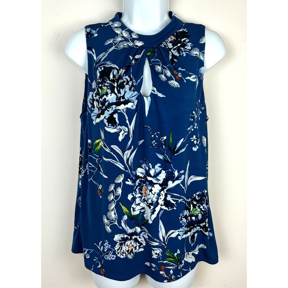 White House Black Market Blue WHBM Floral Sleeveless Top Size S